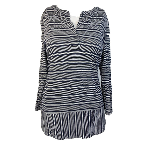 T by Talbots Shirt Womens‎ Sz LP Petite Navy Blue Knit Casual Striped Cotton - Picture 1 of 8